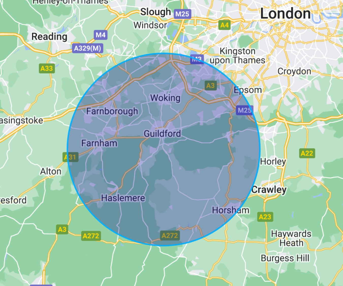 Campervan Event Hire Coverage Map Surrey & Sussex